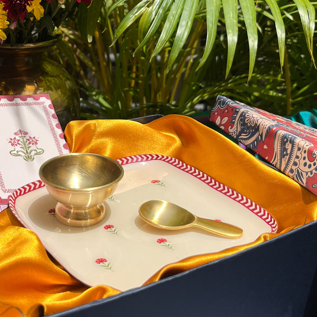 Ambi Pure Brass Mithai Serving Set with Platter, Bowl and Spoon | Premium Gift Set