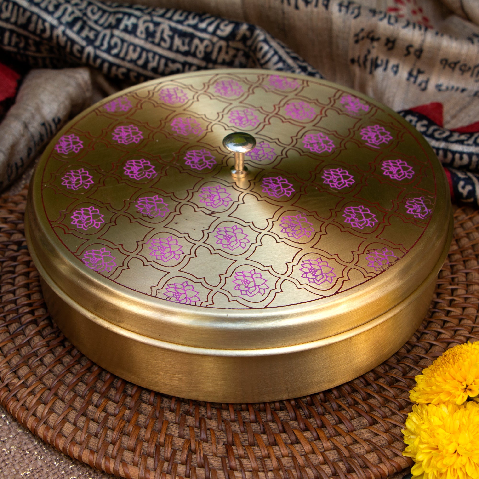 Ambi Lotus Pure Brass Spice Box Masala Daani with 7 Spice Containers - Inlay Work