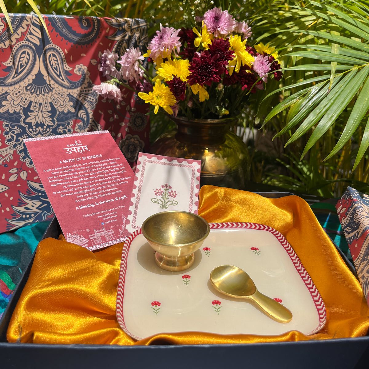 Ambi Pure Brass Mithai Serving Set with Platter, Bowl and Spoon | Premium Gift Set