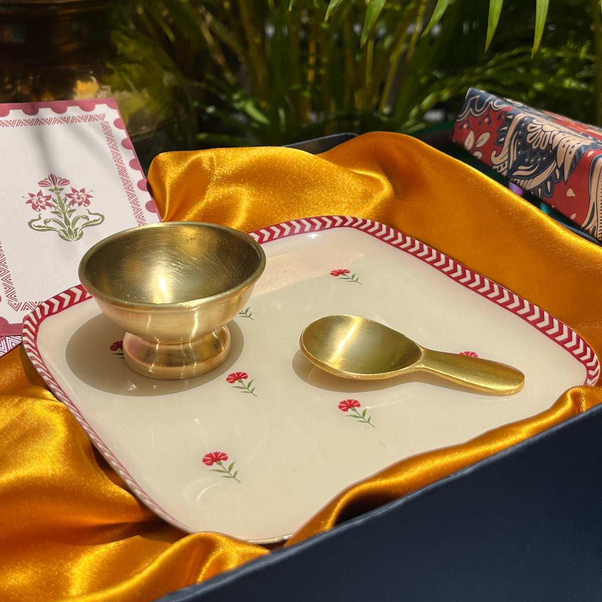 Ambi Pure Brass Mithai Serving Set with Platter, Bowl and Spoon | Premium Gift Set
