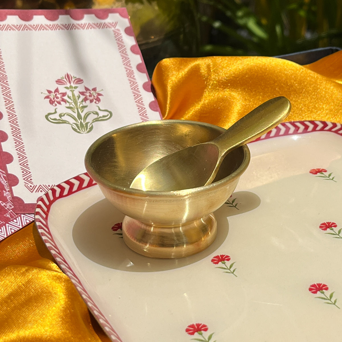 Ambi Pure Brass Mithai Serving Set with Platter, Bowl and Spoon | Premium Gift Set
