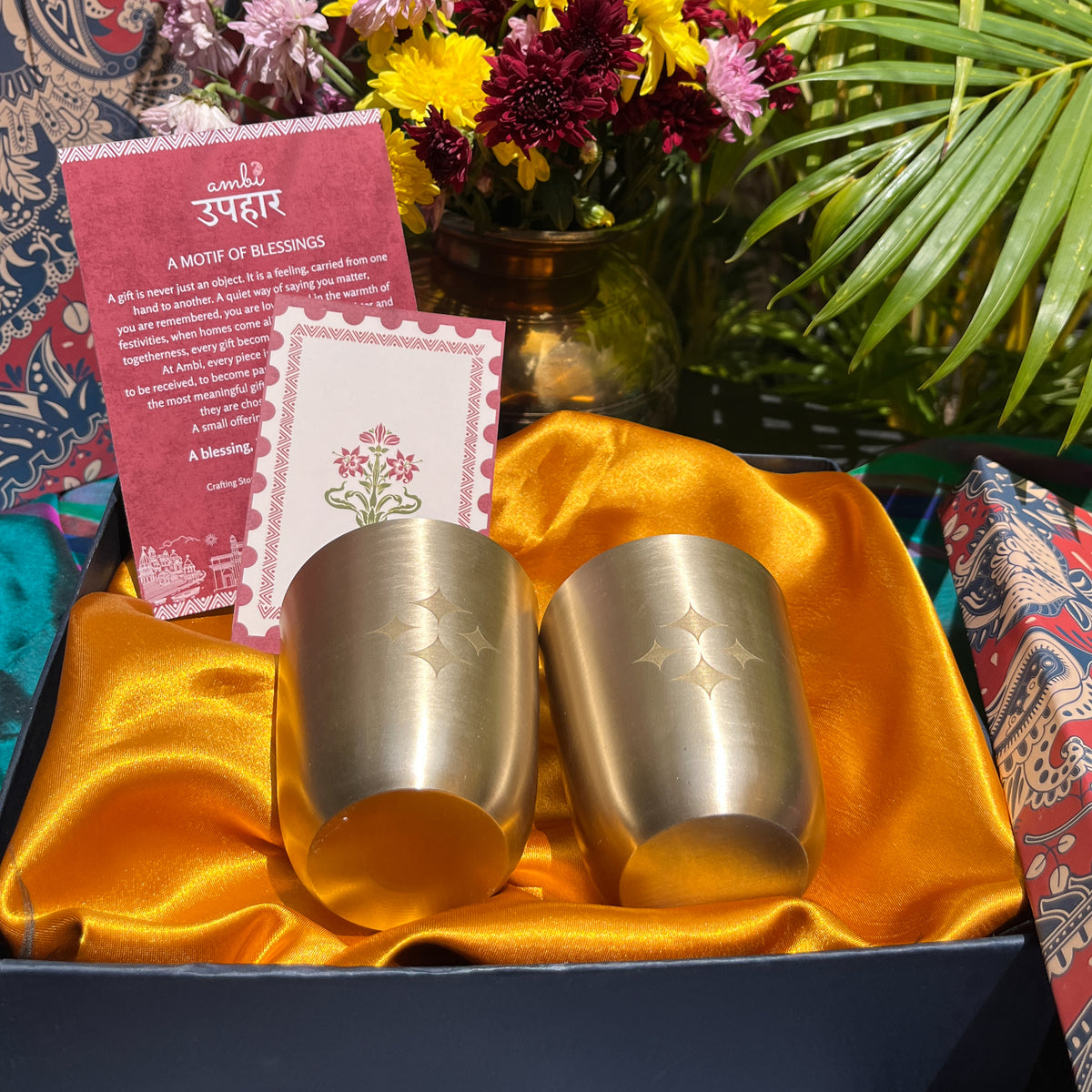 Ambi Hand-Etched Pure Kansa Drinking Glasses Gift Set | Traditional Tumbler Set of 2