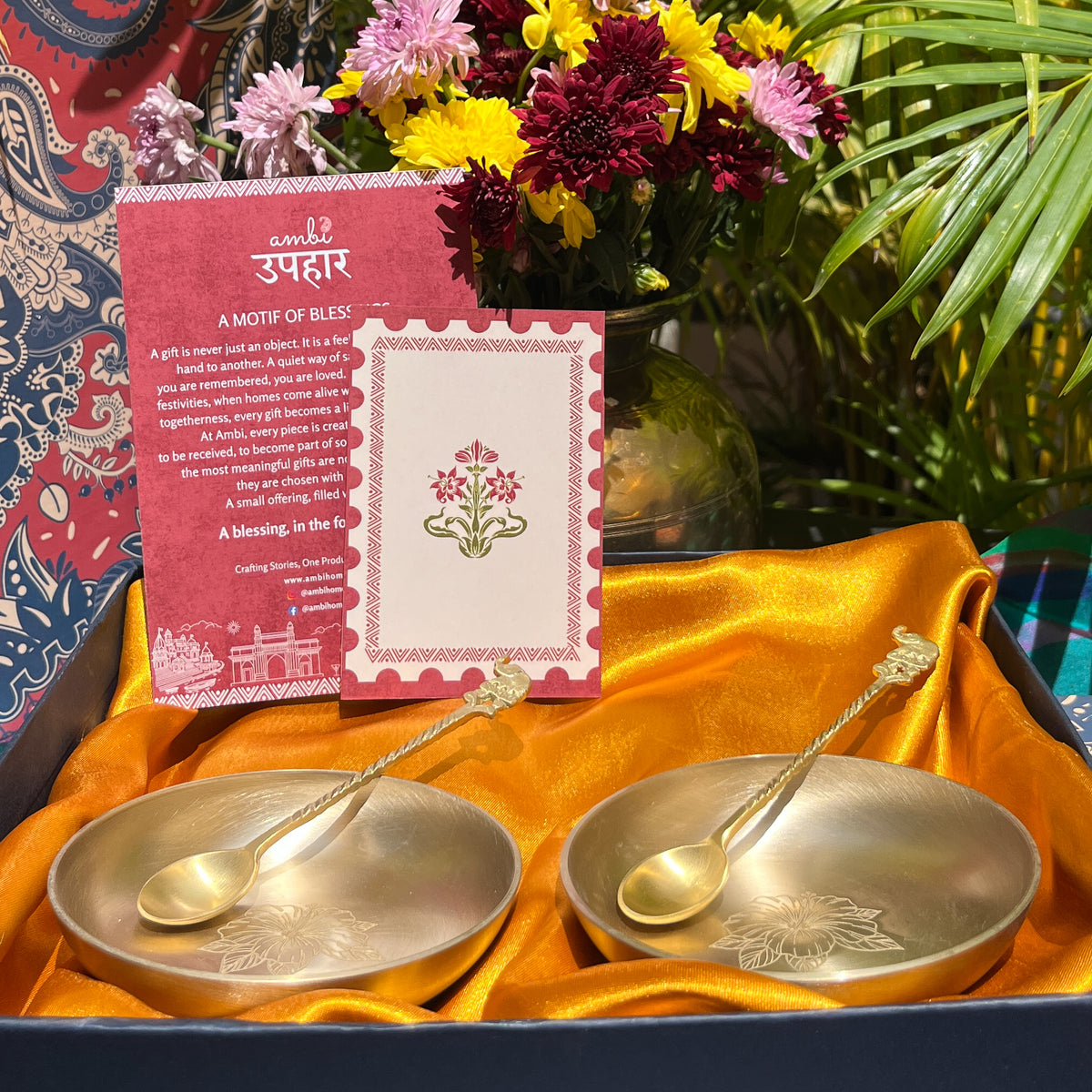 Ambi Hibiscus-Etched Pure Kansa Plate and Brass Spoon Gift Box | Set of 2