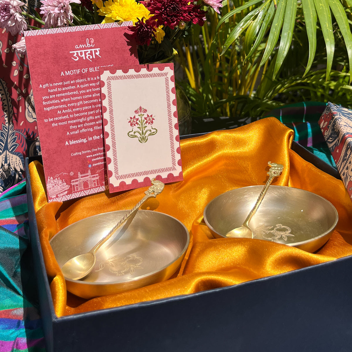 Ambi Pomegranate-Etched Pure Kansa Plate and Brass Spoon Gift Box | Set of 2