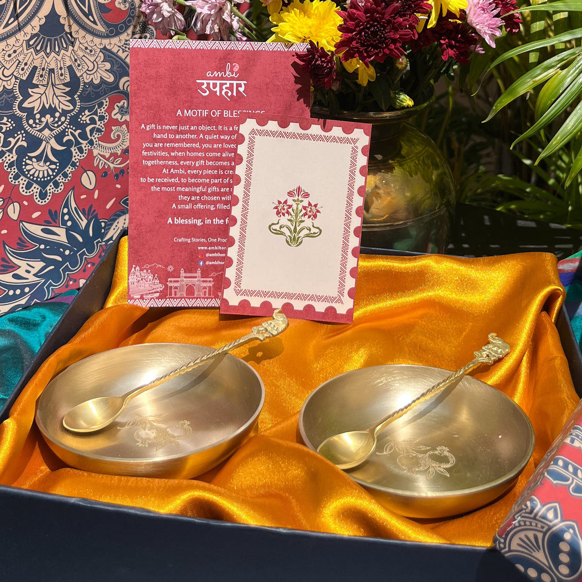 Ambi Pomegranate-Etched Pure Kansa Plate and Brass Spoon Gift Box | Set of 2