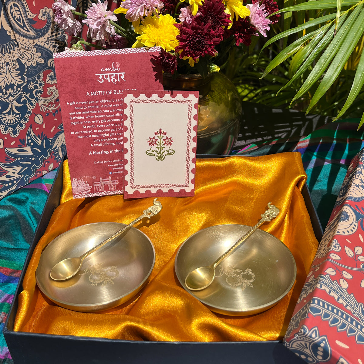 Ambi Pomegranate-Etched Pure Kansa Plate and Brass Spoon Gift Box | Set of 2