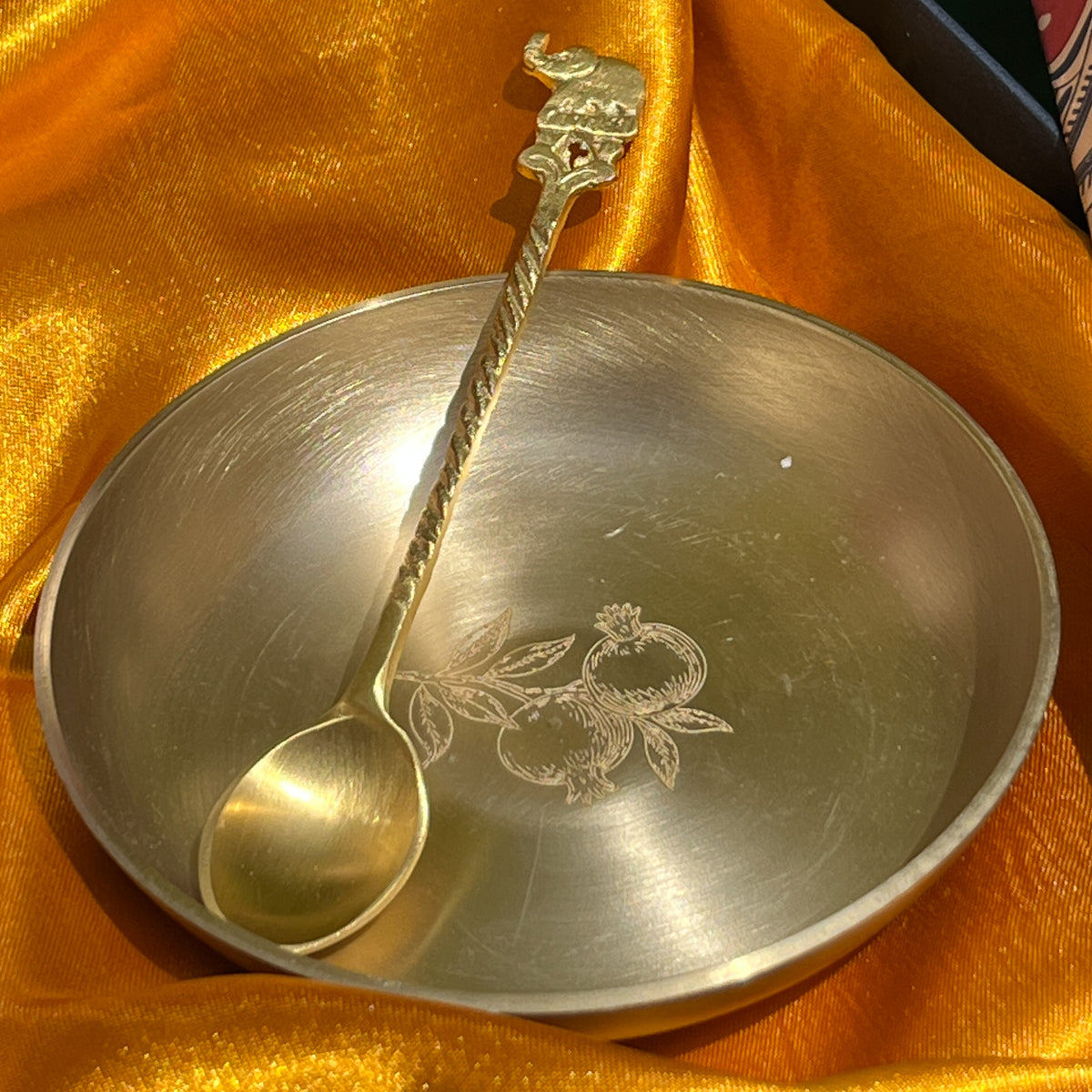 Ambi Pomegranate-Etched Pure Kansa Plate and Brass Spoon Gift Box | Set of 2