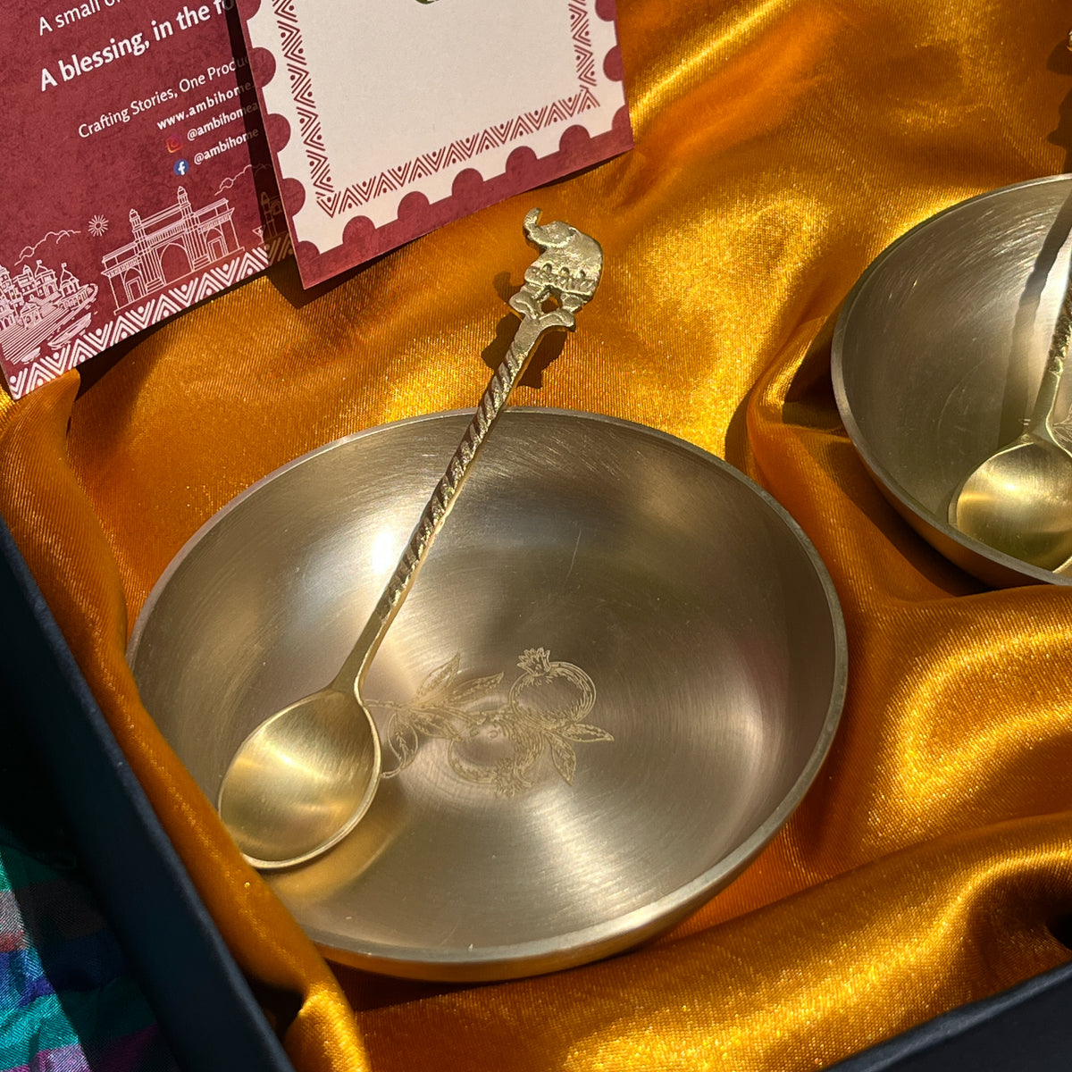 Ambi Pomegranate-Etched Pure Kansa Plate and Brass Spoon Gift Box | Set of 2