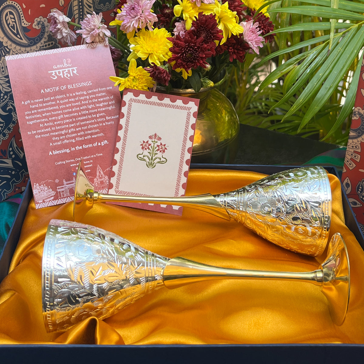 Ambi Hand-Engraved Brass Champagne Flutes with Silver Polish | Wine Goblet Gift Set of 2
