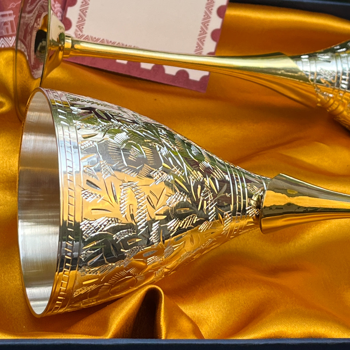 Ambi Hand-Engraved Brass Champagne Flutes with Silver Polish | Wine Goblet Gift Set of 2
