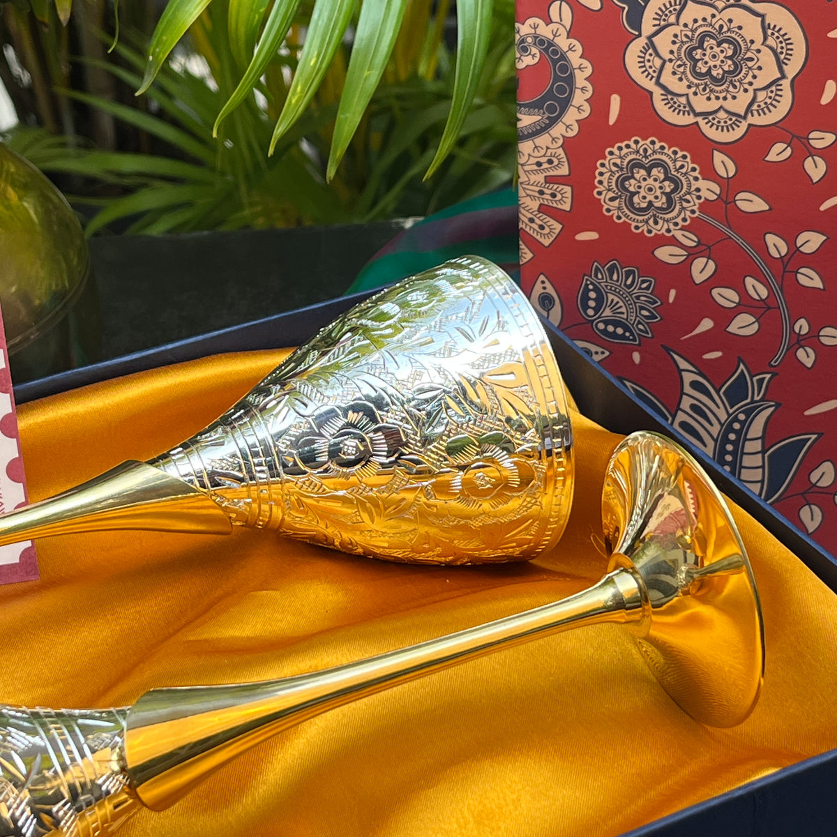 Ambi Hand-Engraved Brass Champagne Flutes with Silver Polish | Wine Goblet Gift Set of 2