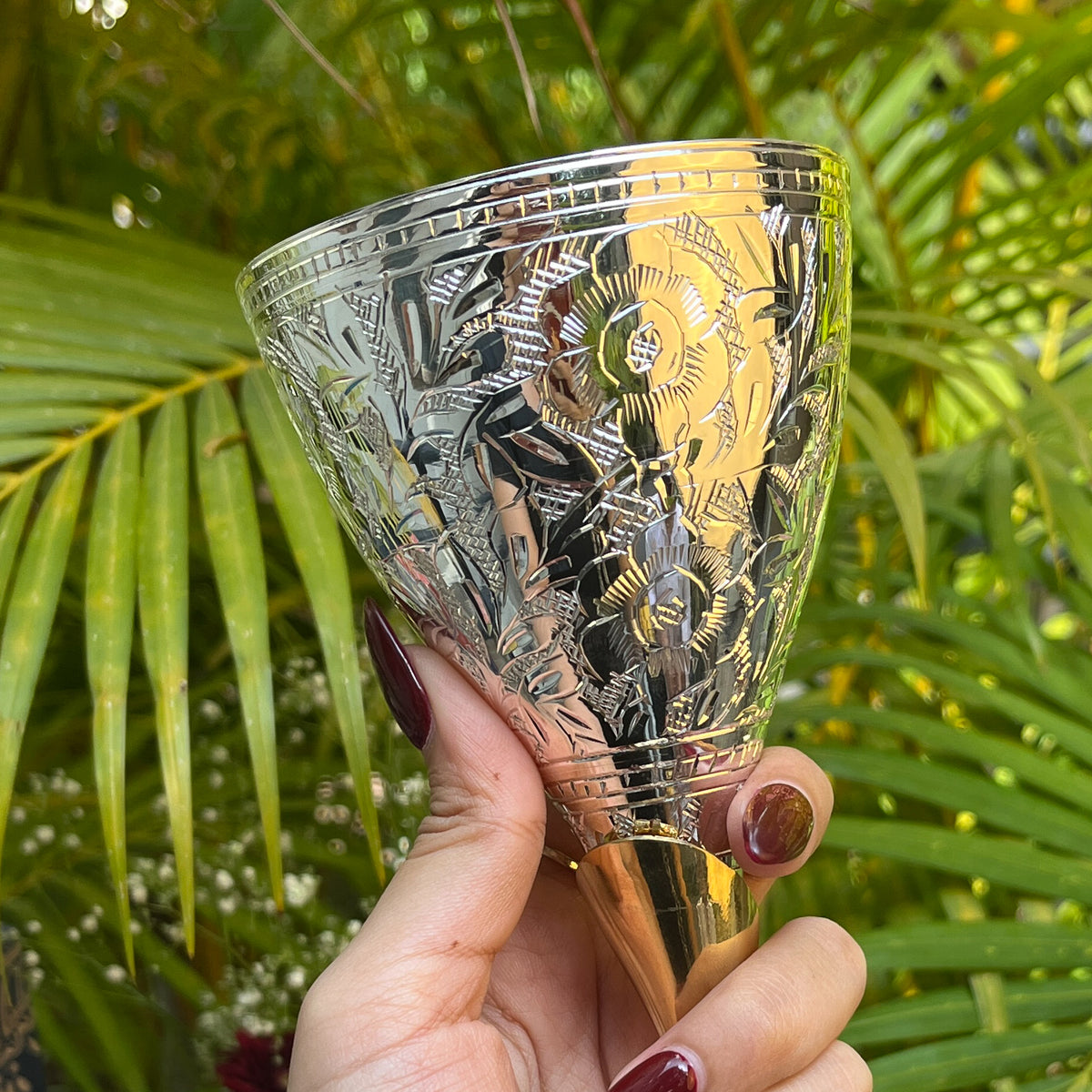 Ambi Hand-Engraved Brass Champagne Flutes with Silver Polish | Wine Goblet Gift Set of 2