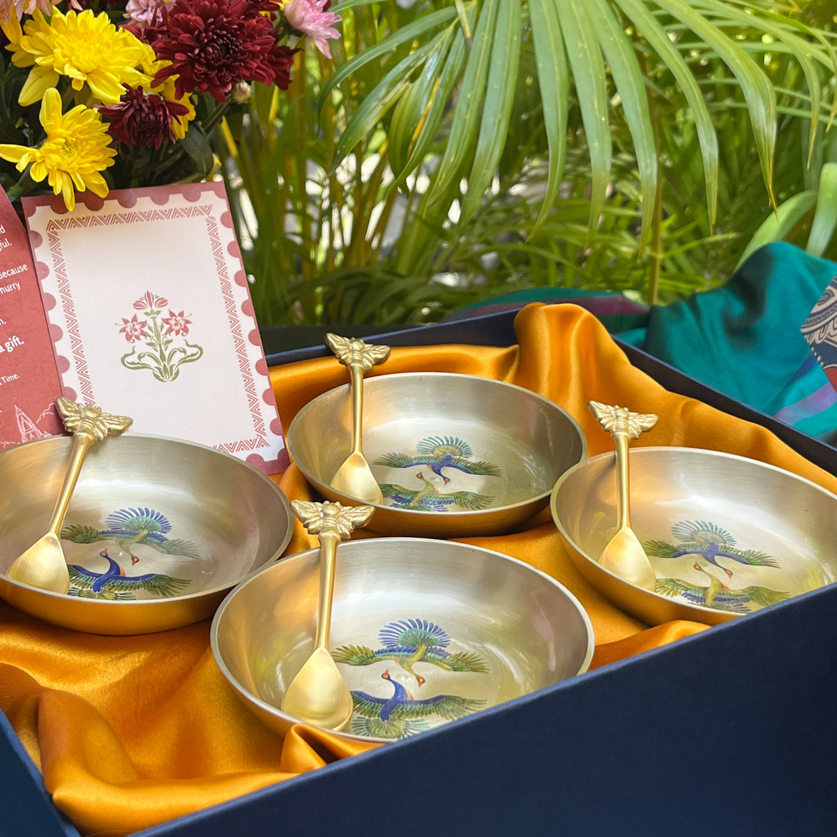Kansa Dessert Plate & Elephant Spoon Set of 4 | Pattachitra Art | Premium Gift Box
