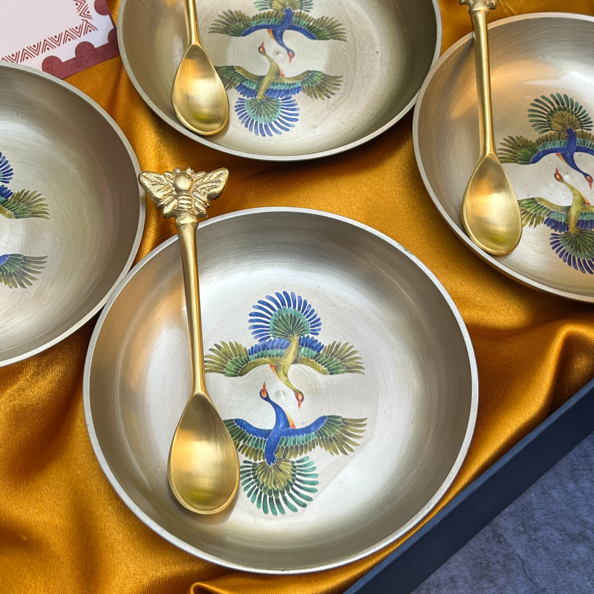 Kansa Dessert Plate & Elephant Spoon Set of 4 | Pattachitra Art | Premium Gift Box