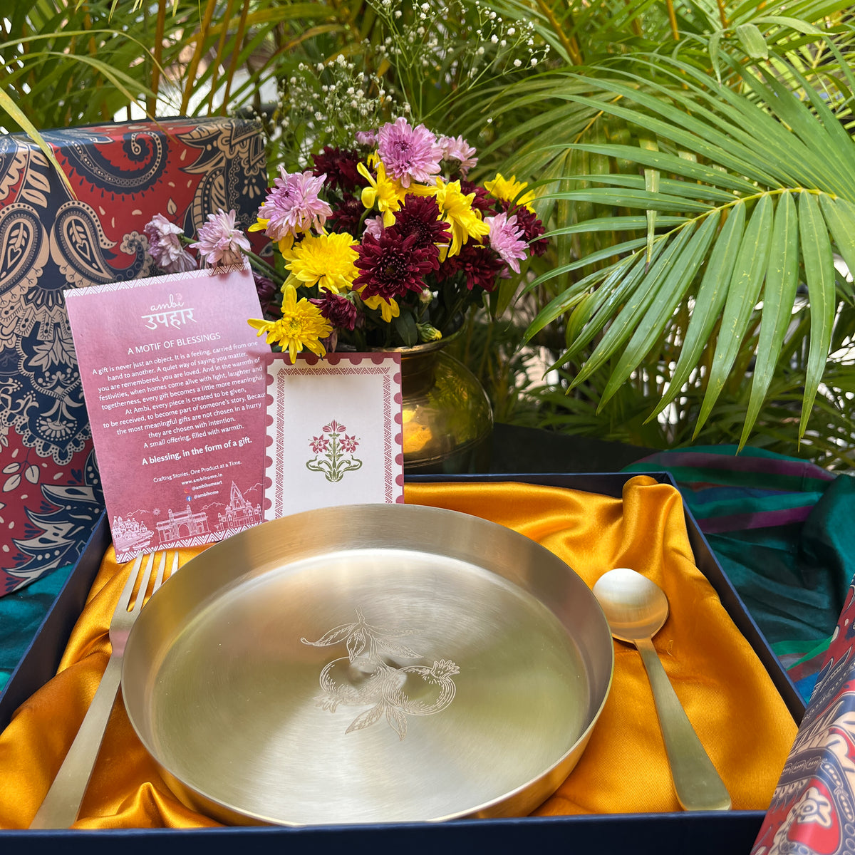 Ambi Kansa Plate with Pomegranate Etched & Cutlery– Premium Gift Box Set