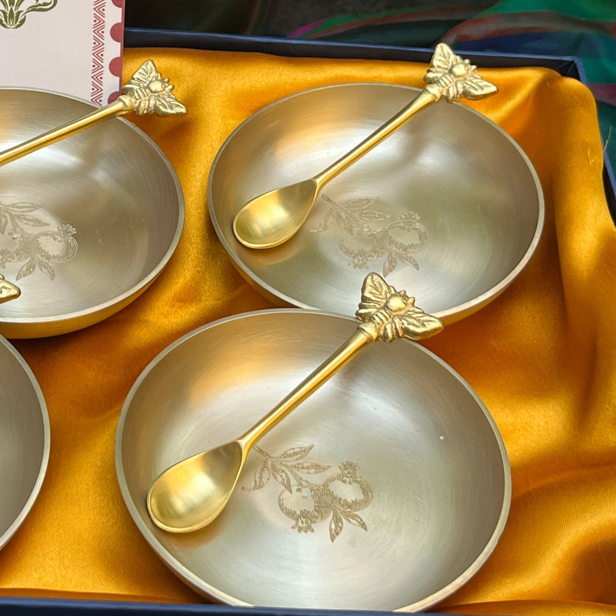 Ambi Pomegranate-Etched Pure Kansa Plate and Brass Spoon Gift Box | Set of 4