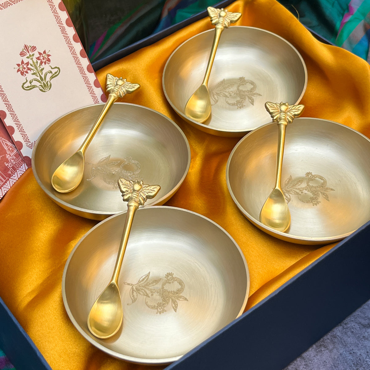 Ambi Pomegranate-Etched Pure Kansa Plate and Brass Spoon Gift Box | Set of 4
