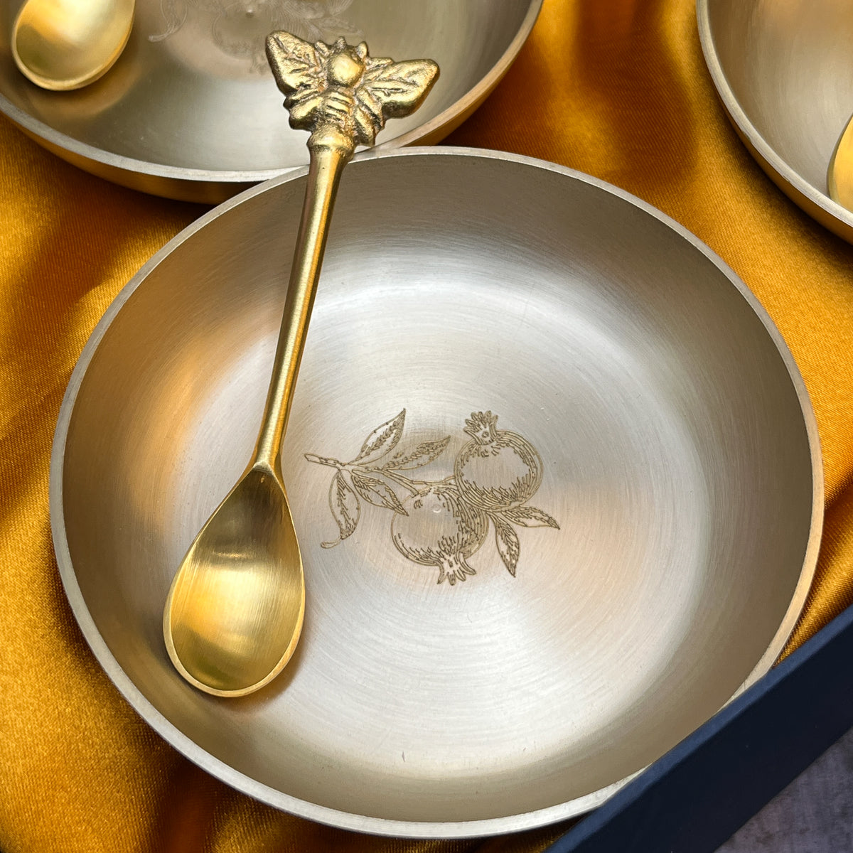 Ambi Pomegranate-Etched Pure Kansa Plate and Brass Spoon Gift Box | Set of 4