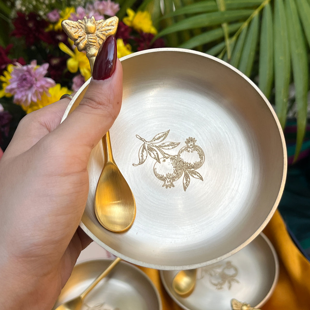 Ambi Pomegranate-Etched Pure Kansa Plate and Brass Spoon Gift Box | Set of 4