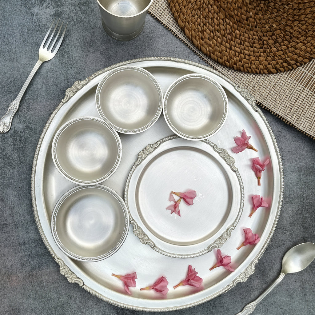 Ambi Royal Matte Silver-Plated Pure Brass Matt Thali Set with Engraved Borders Details – 9 Pieces
