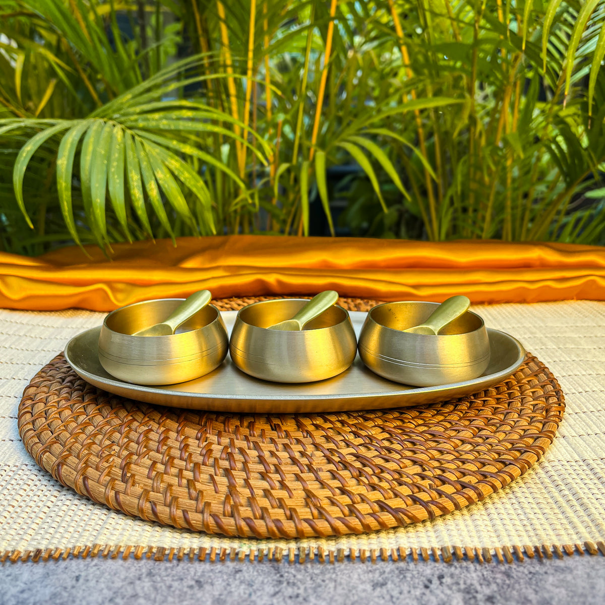 Ambi Pure Kansa Mukhwas Platter with 3 Bowls and 3 Spoons | Premium Gift Box Set of 7