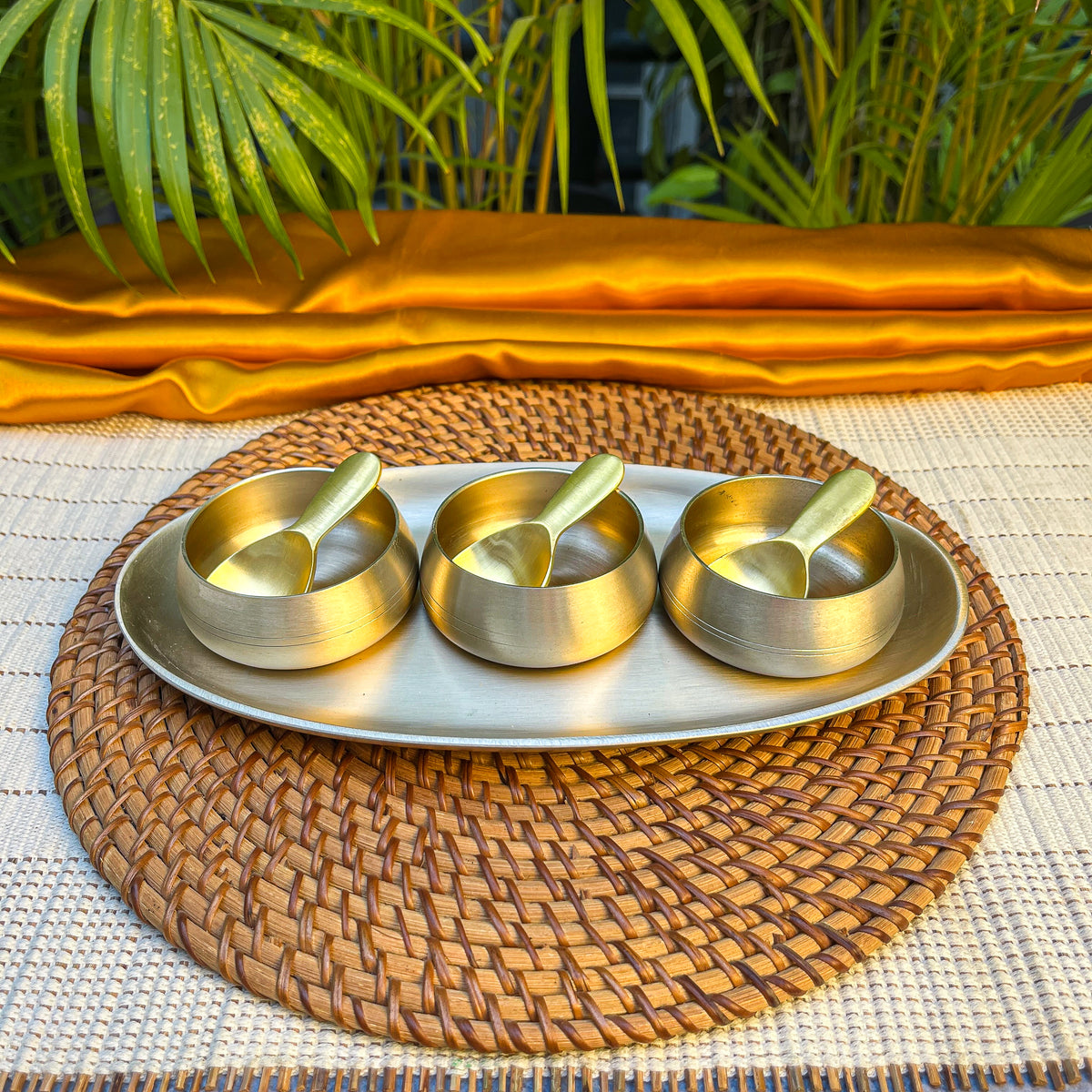 Ambi Pure Kansa Mukhwas Platter with 3 Bowls and 3 Spoons | Premium Gift Box Set of 7