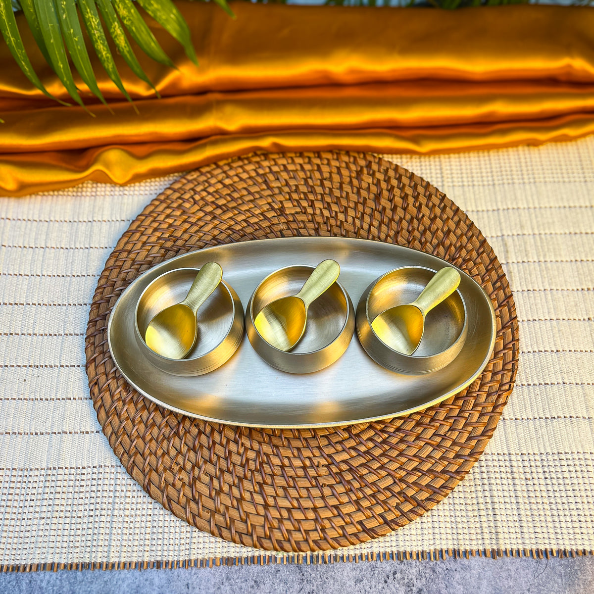 Ambi Pure Kansa Mukhwas Platter with 3 Bowls and 3 Spoons | Premium Gift Box Set of 7