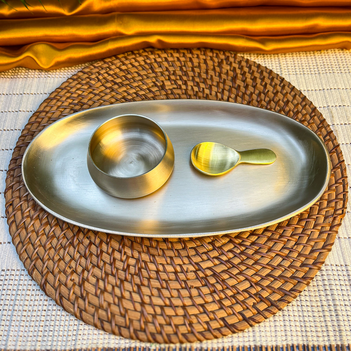Ambi Pure Kansa Mukhwas Platter with 3 Bowls and 3 Spoons | Premium Gift Box Set of 7