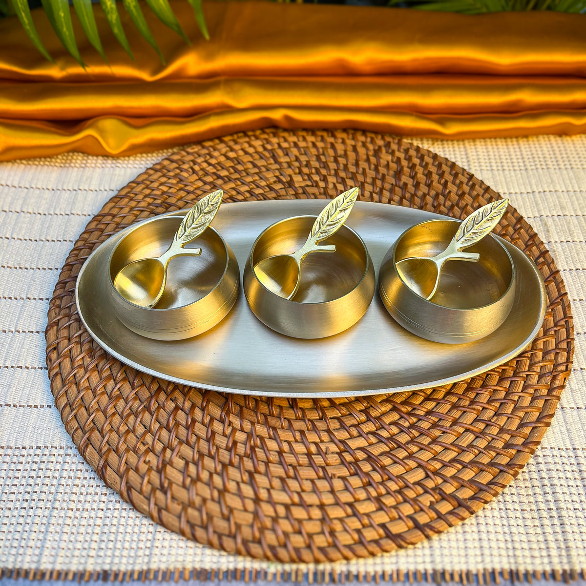 Ambi Pure Kansa Mukhwas Platter with 3 Bowls and 3 Feather Spoons | Premium Gift Box Set of 7