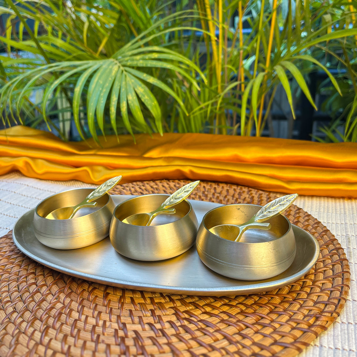 Ambi Pure Kansa Mukhwas Platter with 3 Bowls and 3 Feather Spoons | Premium Gift Box Set of 7