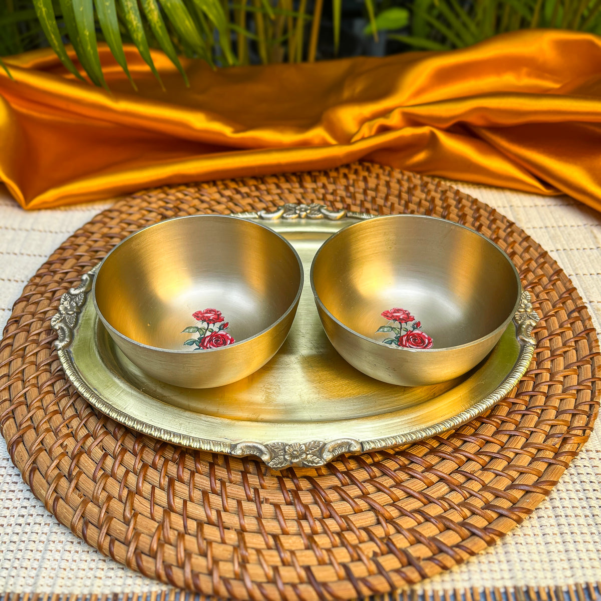 Ambi Rose Kansa Katori with Brass Platter | Premium Gift Box Set