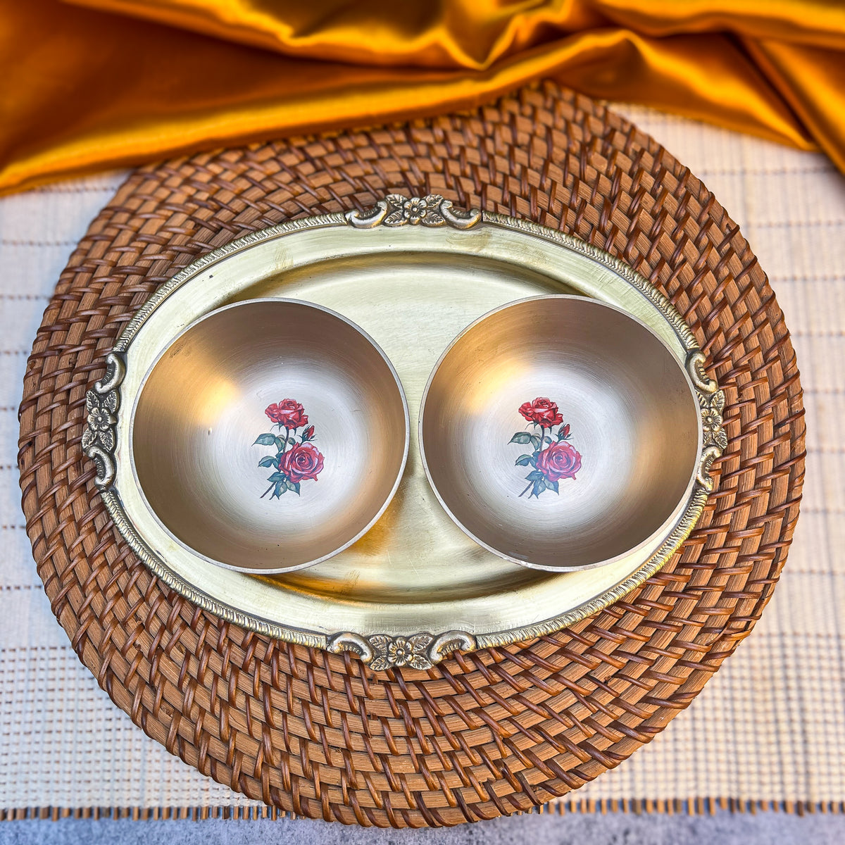 Ambi Rose Kansa Katori with Brass Platter | Premium Gift Box Set