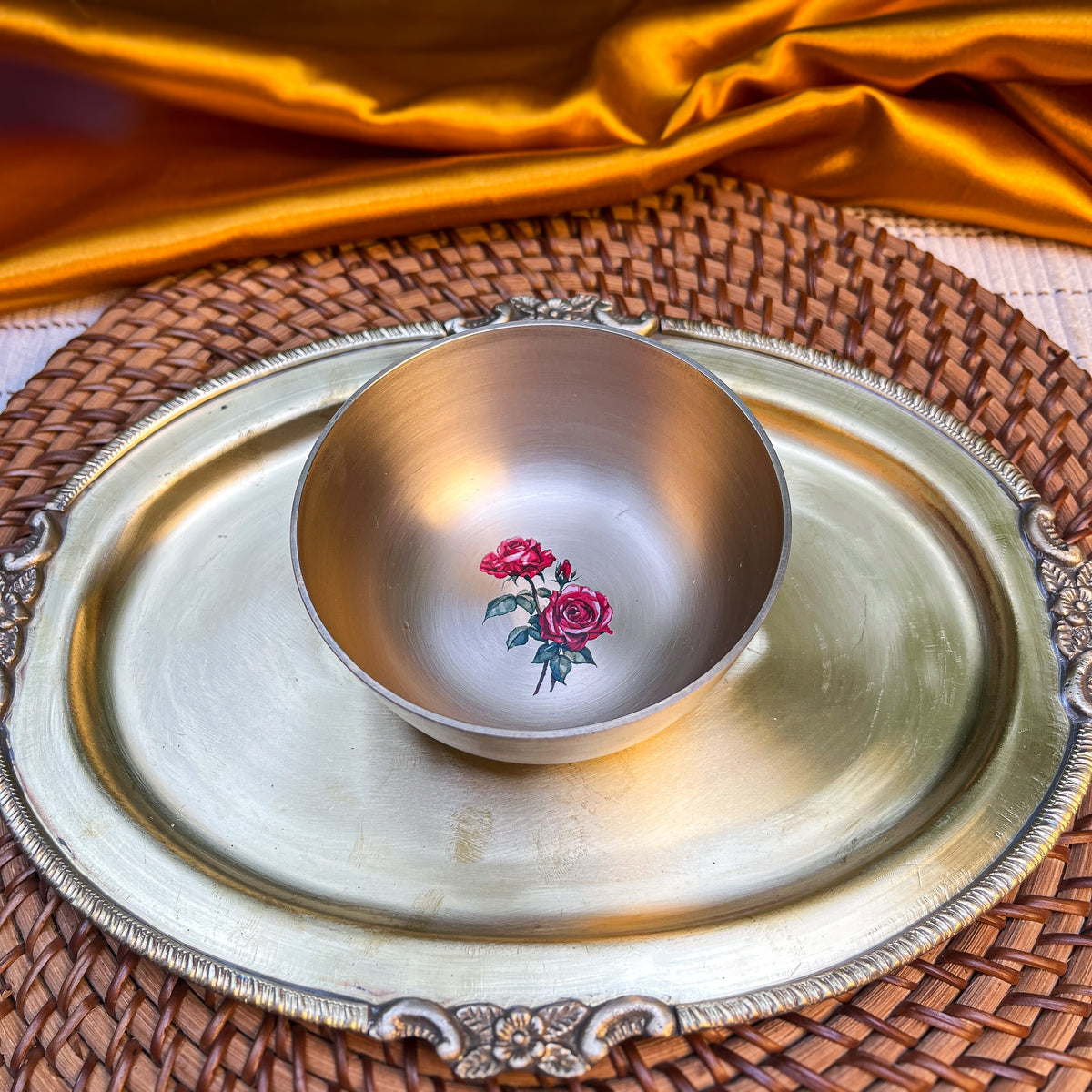 Ambi Rose Kansa Katori with Brass Platter | Premium Gift Box Set