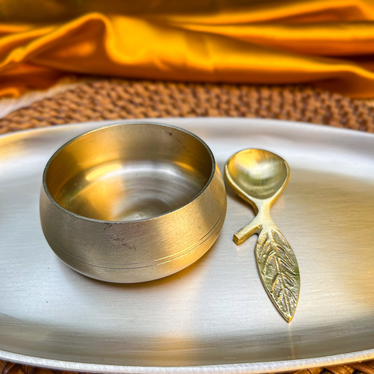 Ambi Pure Kansa Mukhwas Platter with 3 Bowls and 3 Feather Spoons | Premium Gift Box Set of 7