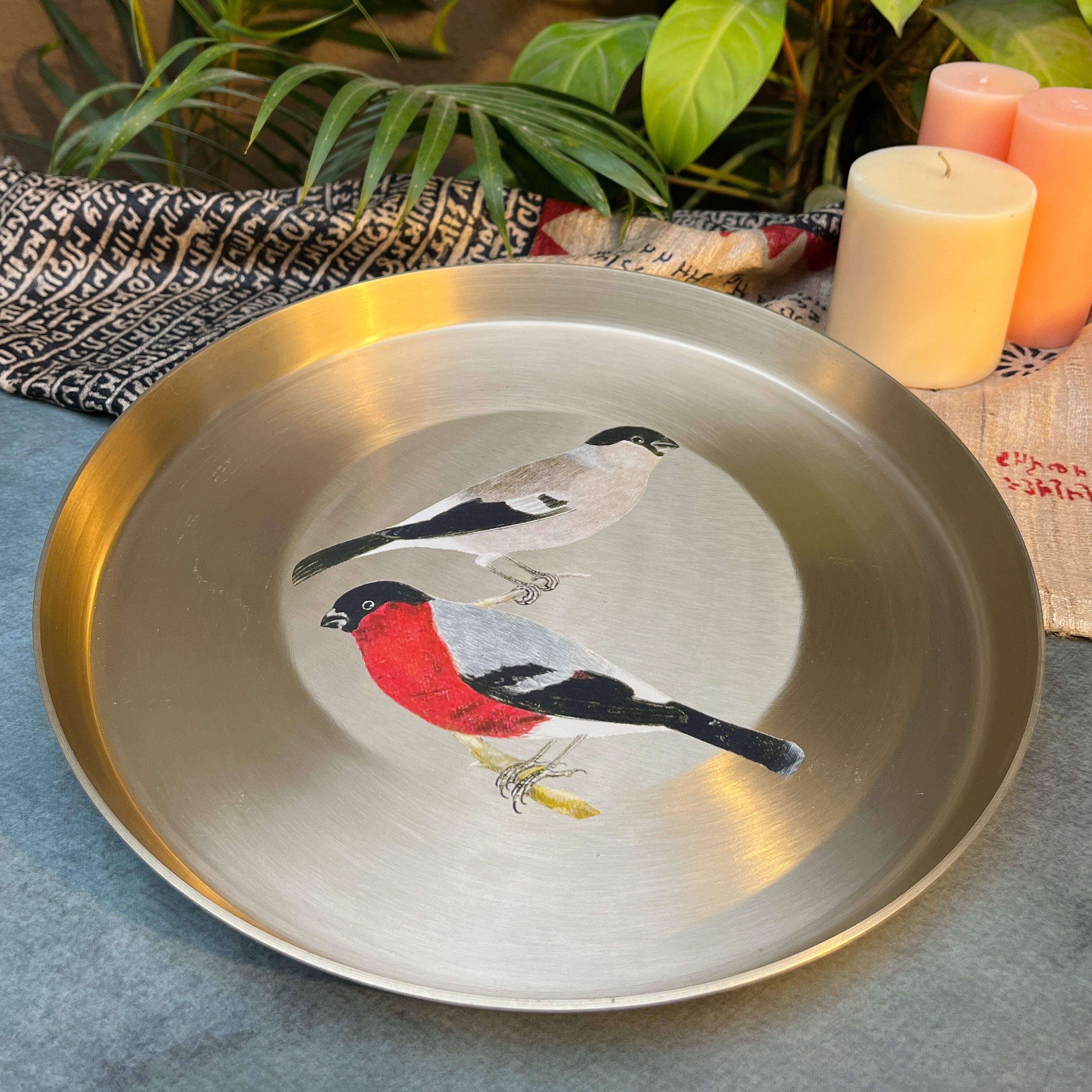 AMBI 100% Pure Kansa Sparrow Hand Painted Finish Heavy Dining Plate / Thali / Pooja Plate - 12 inches