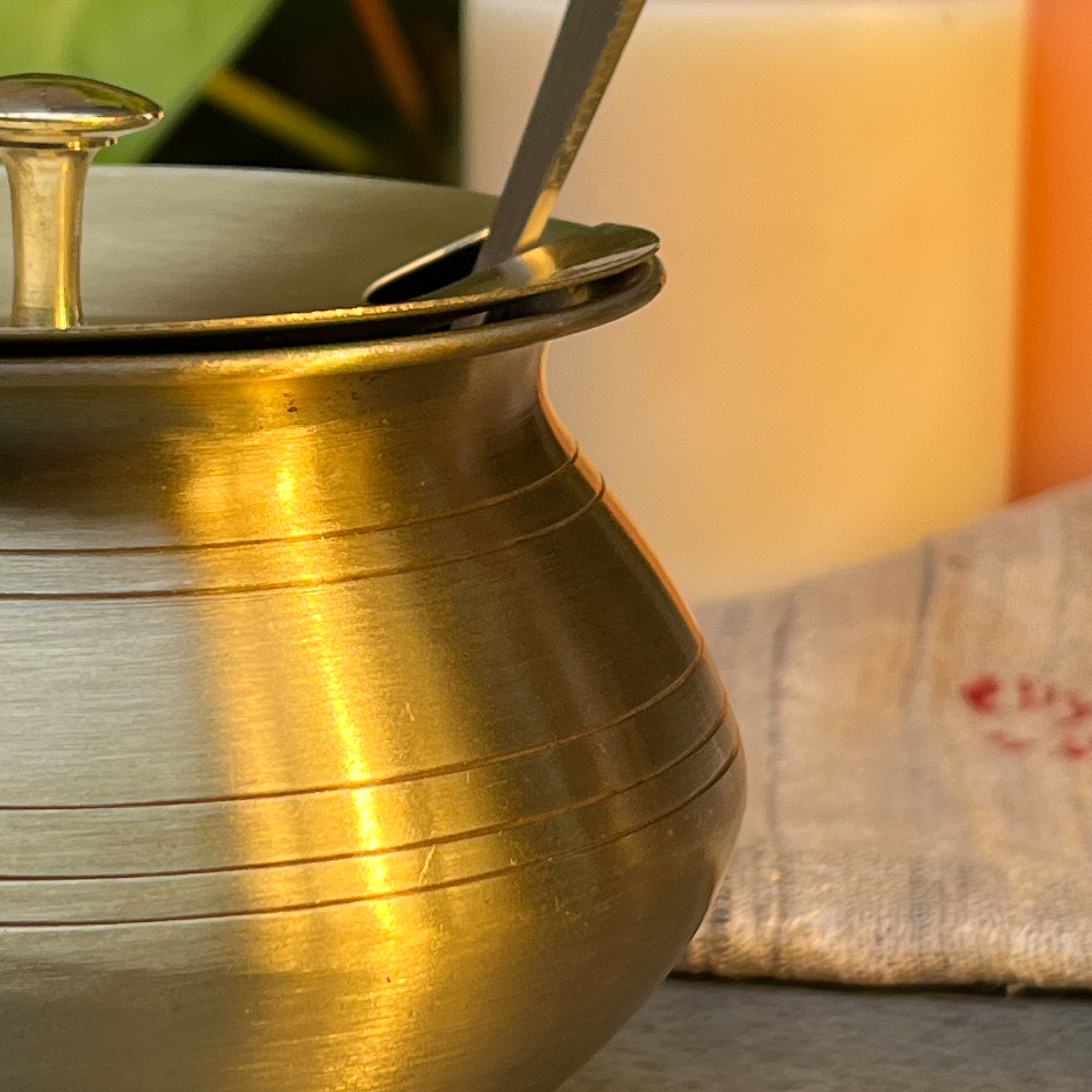 Pure Brass Ghee Pot (Matte) With Spoon - Gold Finish 350 ml