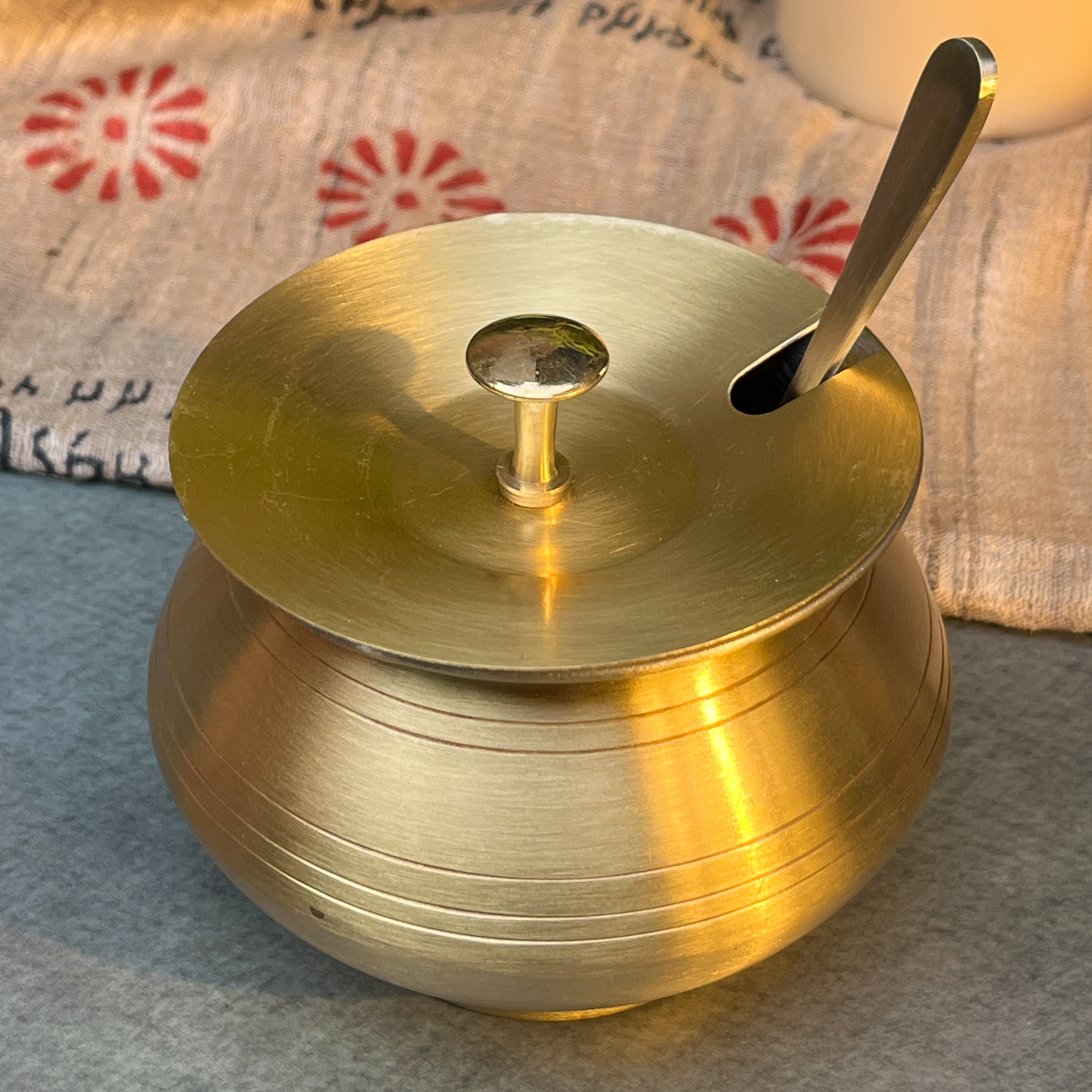 Pure Brass Ghee Pot (Matte) With Spoon - Gold Finish 350 ml