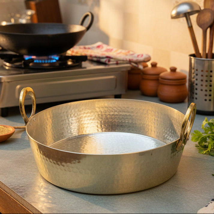Pure Brass Traditional Hammered Heavy Kadhai / Kadai - Flat Base with 'Kalai' Coating - 10 inches Medium