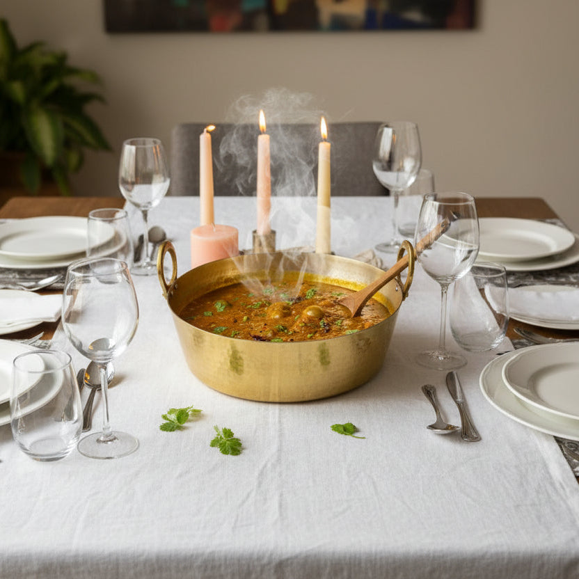 Pure Brass Traditional Hammered Heavy Kadhai / Kadai - Flat Base with 'Kalai' Coating - 12 inches Large size and Heavy