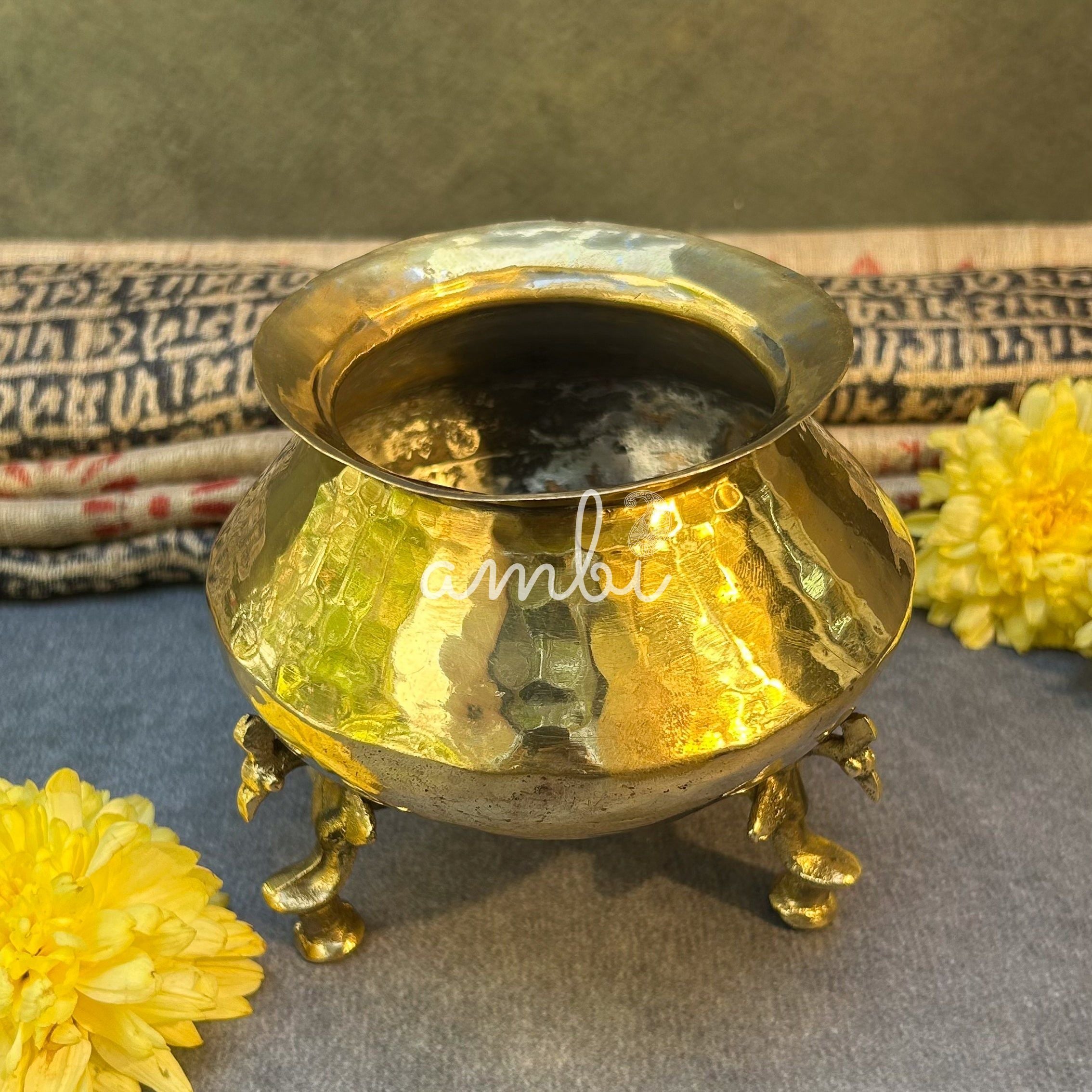 Ambi Vintage Hand-Hammered Pure Brass Water Pot with Ornate Legs - Small