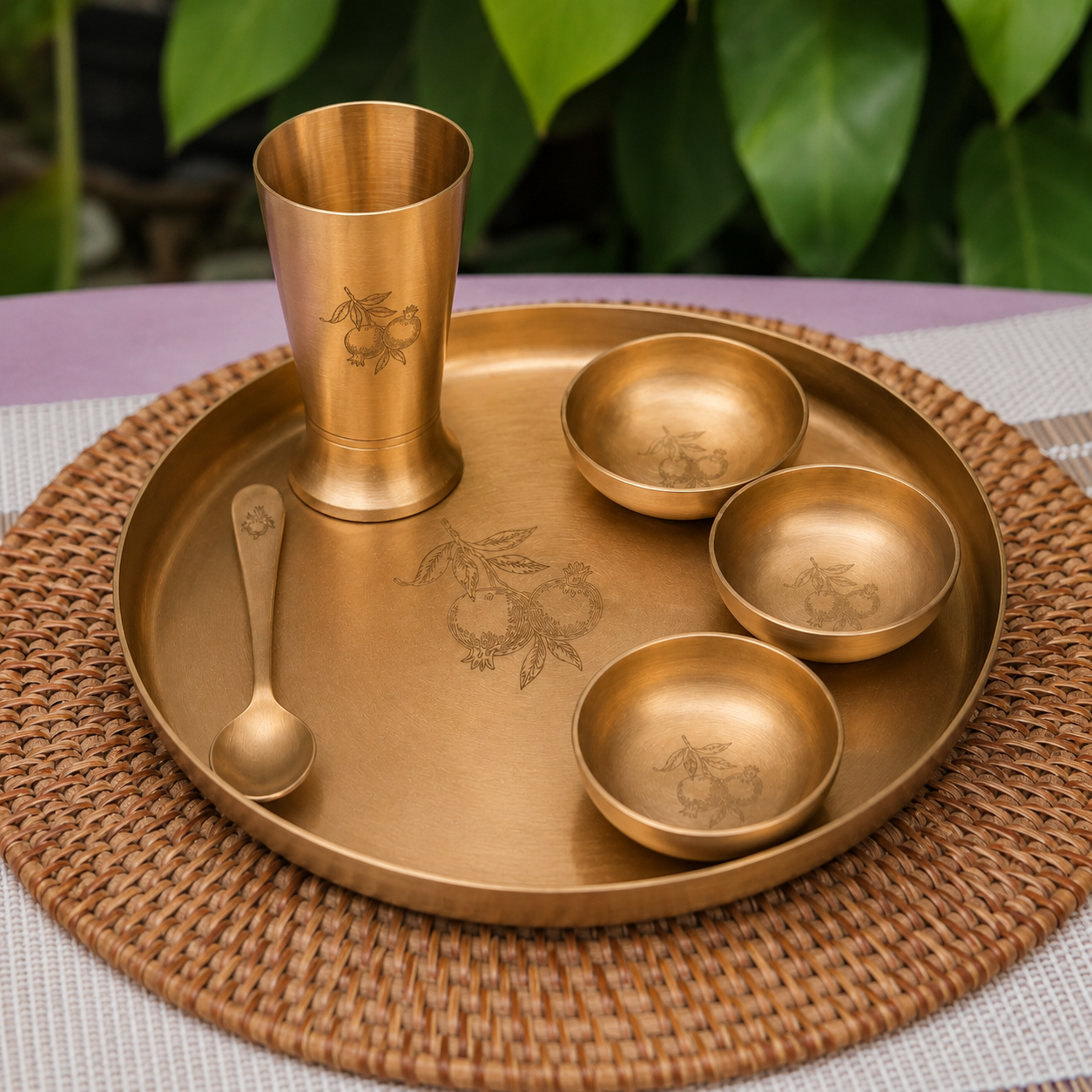A brass Indian-style tea or coffee set including a large tray, a tall cup, a spoon, and three small bowls, arranged on a woven placemat with a blurred green plant background.