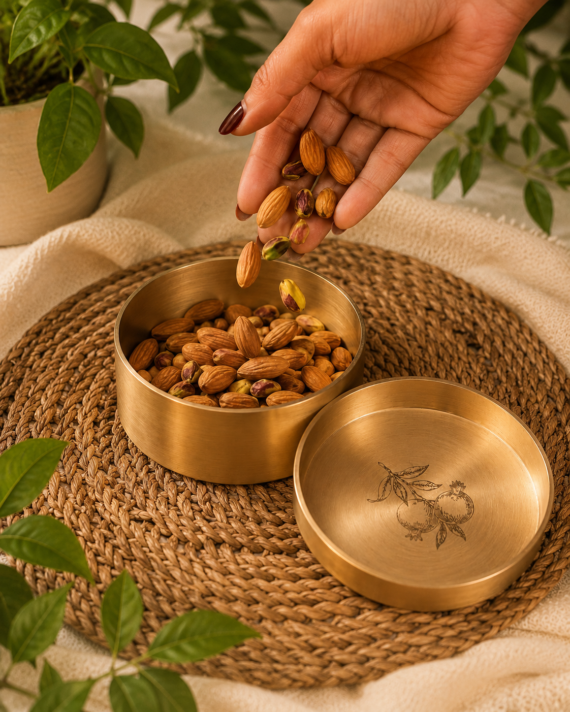 A brass almond box with its lid placed beside it, filled with almonds, on a woven placemat with a hand holding almonds above the container. Green plants and a neutral fabric background are visible.