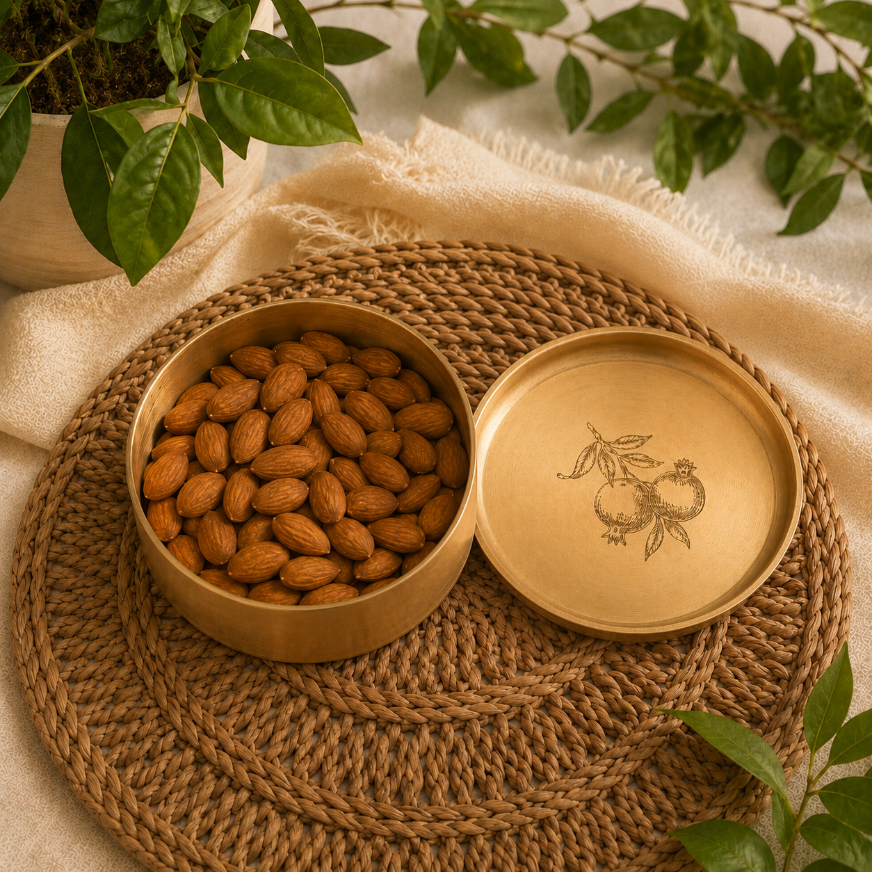 A round wooden box filled with almonds sits beside its engraved lid on a woven placemat, styled with cream fabric and green leaves.