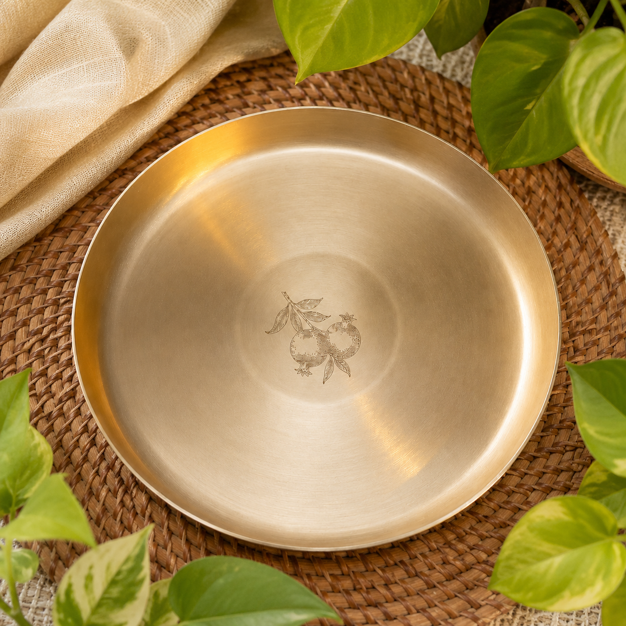 A round brushed metal tray with a small engraved fruit motif in the center, styled on a woven placemat with green leaves and beige fabric around it.