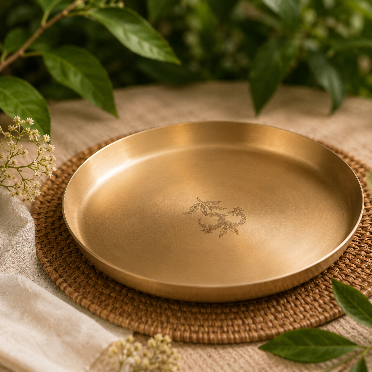 A round brushed brass plate with a delicate engraved fruit motif in the center, resting on a woven round placemat over a beige fabric surface with green leaves and small white flowers in the background.