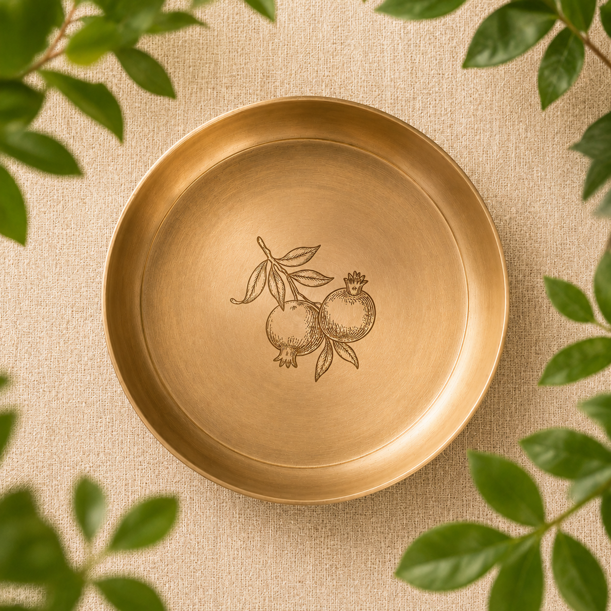 A round brass plate with an engraved pomegranate design in the center, displayed on a textured beige fabric background with green leaves framing the edges.