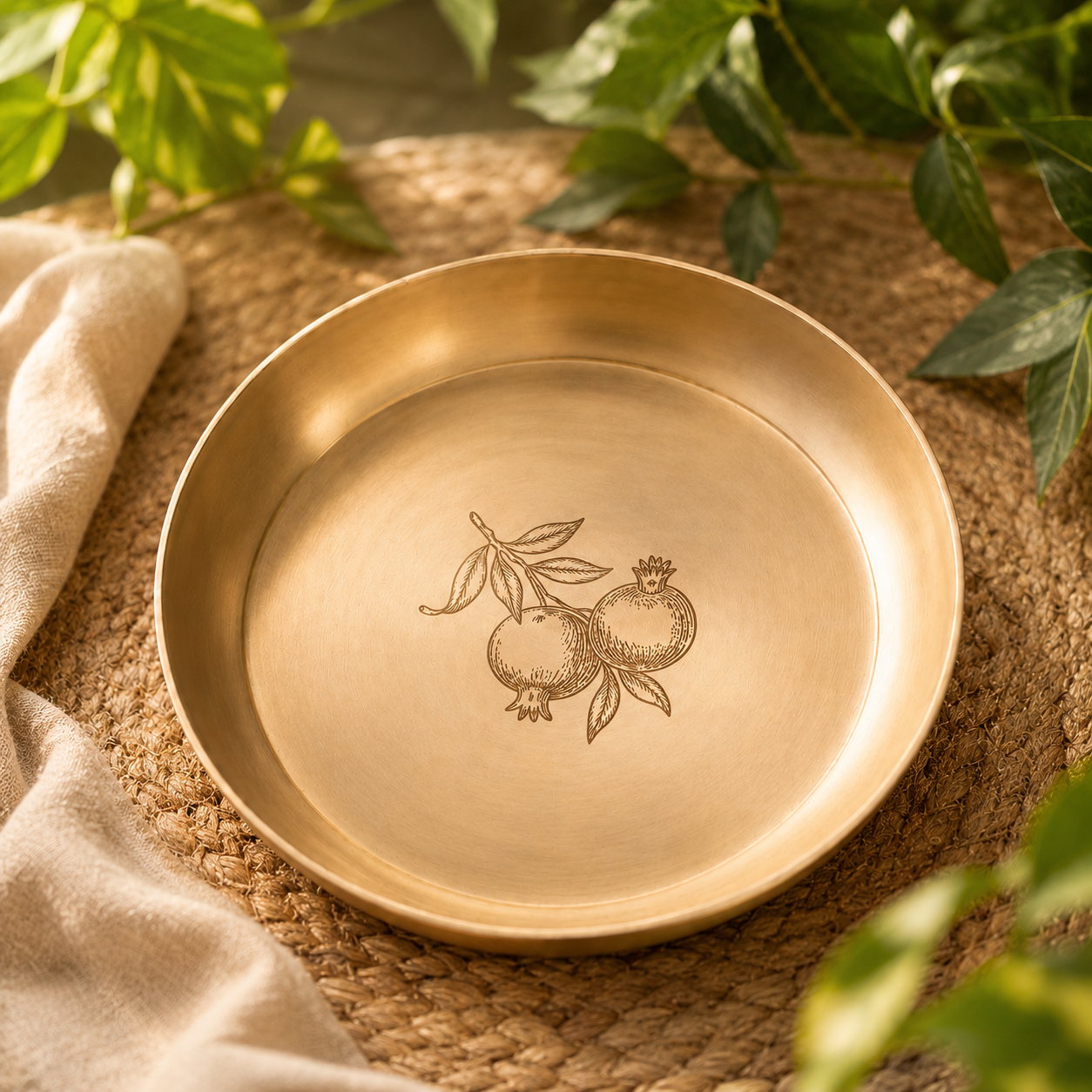 A round brass-colored metal tray with an engraved illustration of two pomegranates, styled on a woven placemat with a beige cloth and green leaves.
