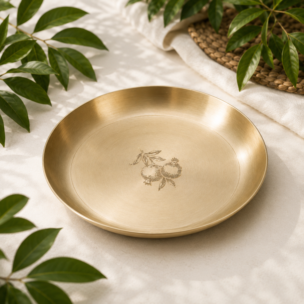 A round brushed brass serving platter with a small engraved fruit motif in the center, styled on a white fabric surface with green leaves and a woven mat in the background.