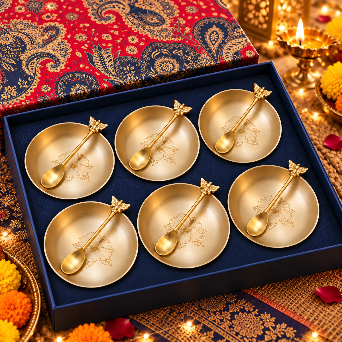 Ambi Hibiscus-Etched Pure Kansa Plate and Brass Spoon Gift Box | Set of 6