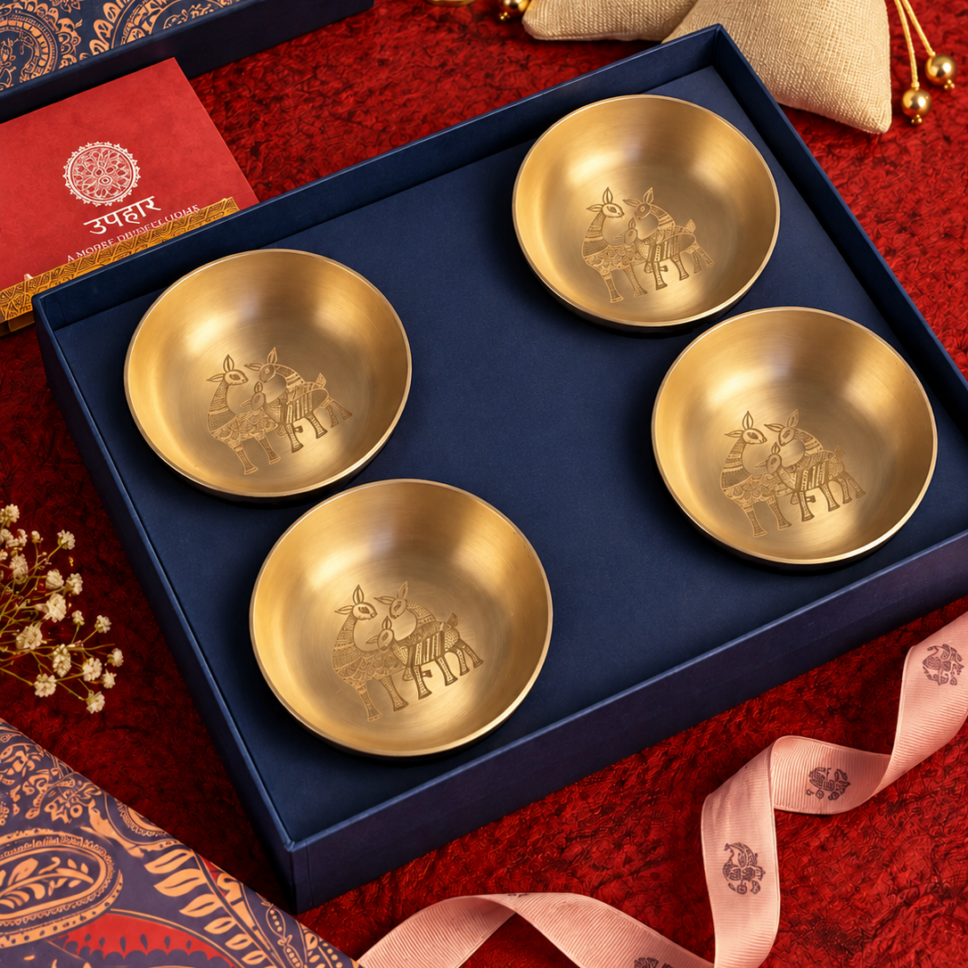 Ambi Mriga Vana Etched Pure Kansa Mini Thali Gift Box | Gond-Inspired Collection | Set of 4